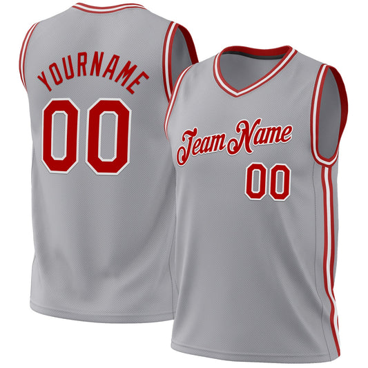 Custom Gray Red-White Authentic Throwback Basketball Jersey - Sky-Custom