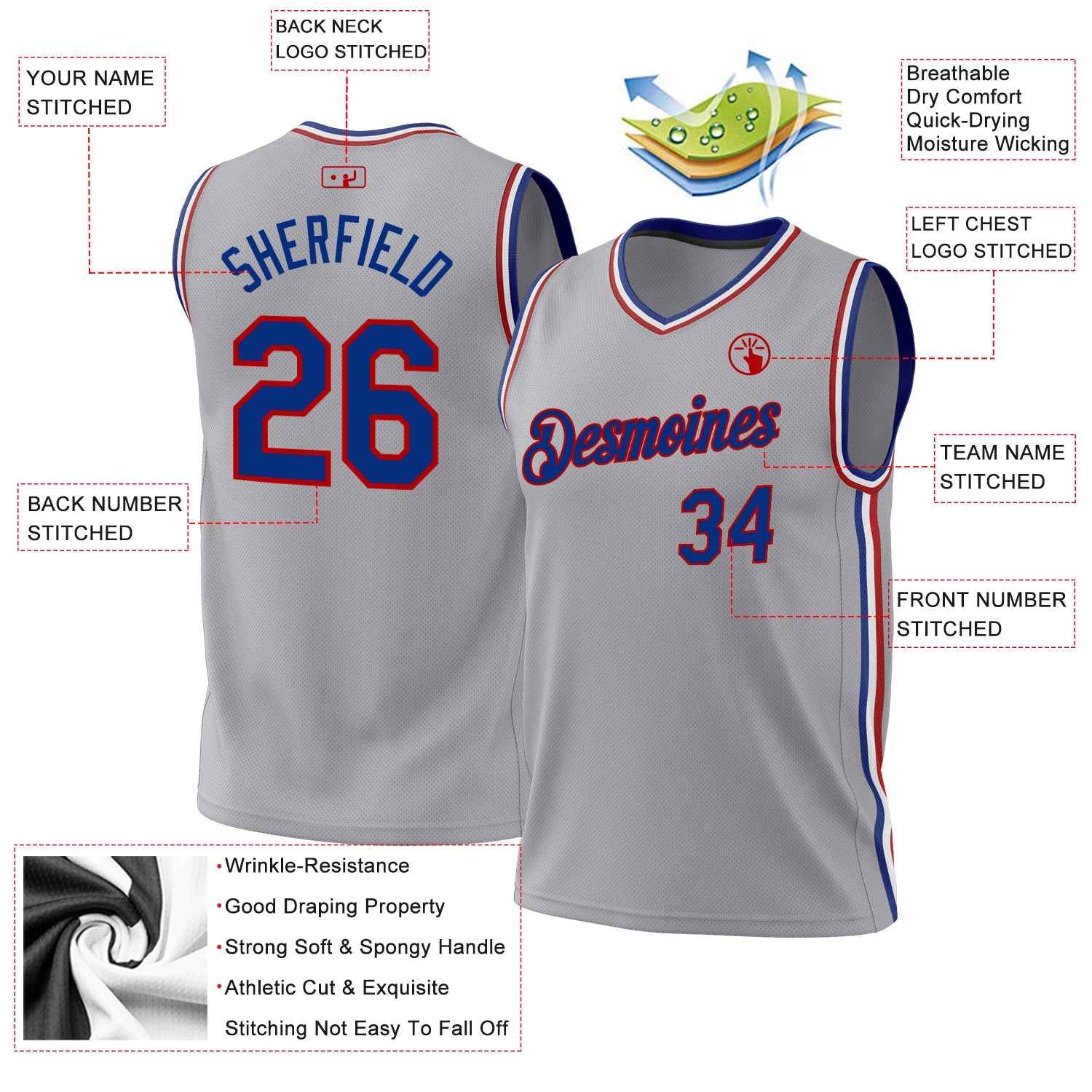 Custom Gray Royal-Red Authentic Throwback Basketball Jersey - Sky-Custom