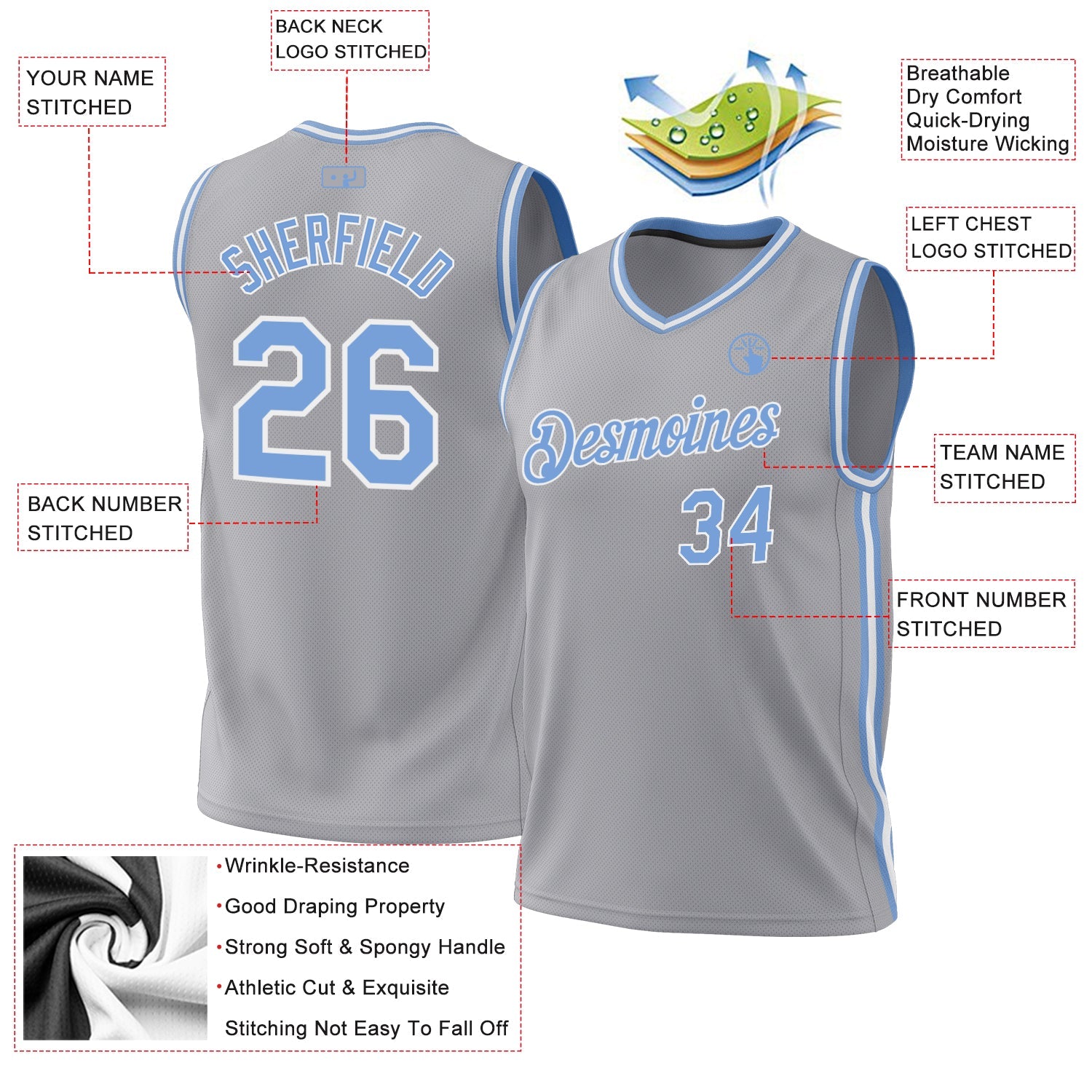 Custom Gray Light Blue-White Authentic Throwback Basketball Jersey - Sky-Custom