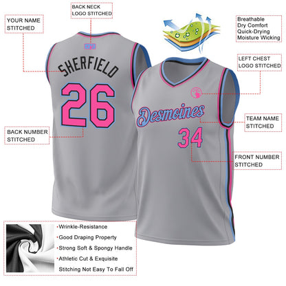 Custom Gray Pink Black-Light Blue Authentic Throwback Basketball Jersey - Sky-Custom