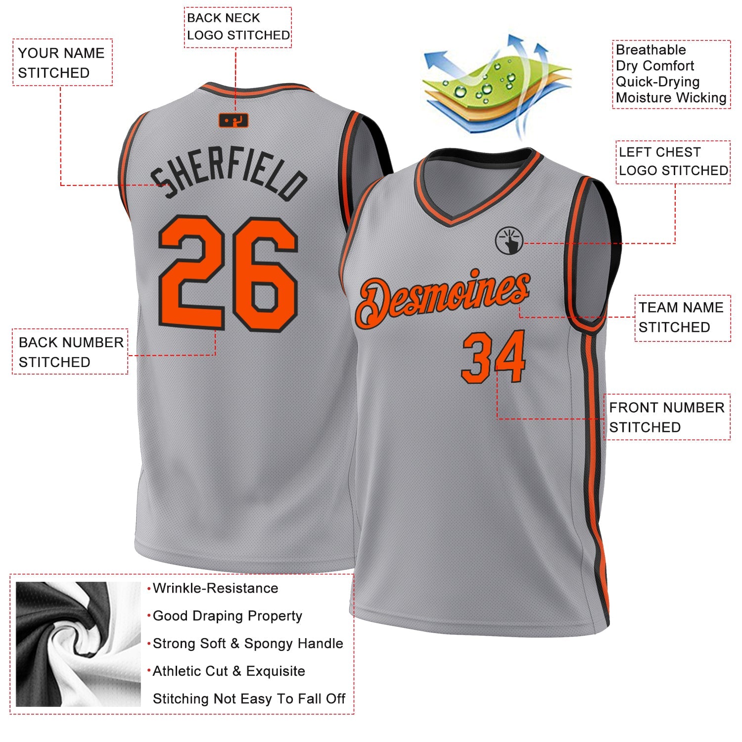 Custom Gray Orange-Black Authentic Throwback Basketball Jersey - Sky-Custom