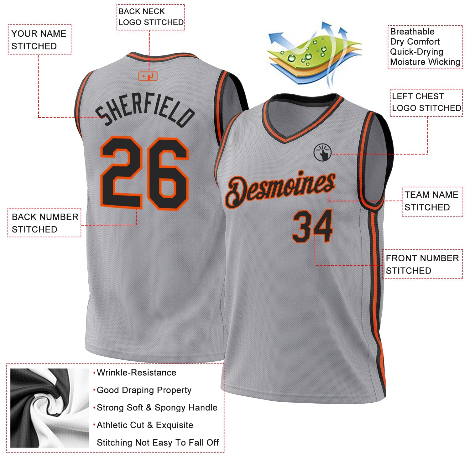 Custom Gray Black-Orange Authentic Throwback Basketball Jersey - Sky-Custom