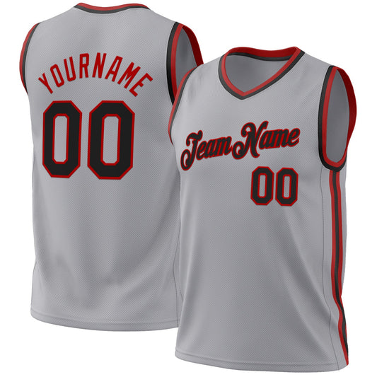 Custom Gray Black-Red Authentic Throwback Basketball Jersey - Sky-Custom