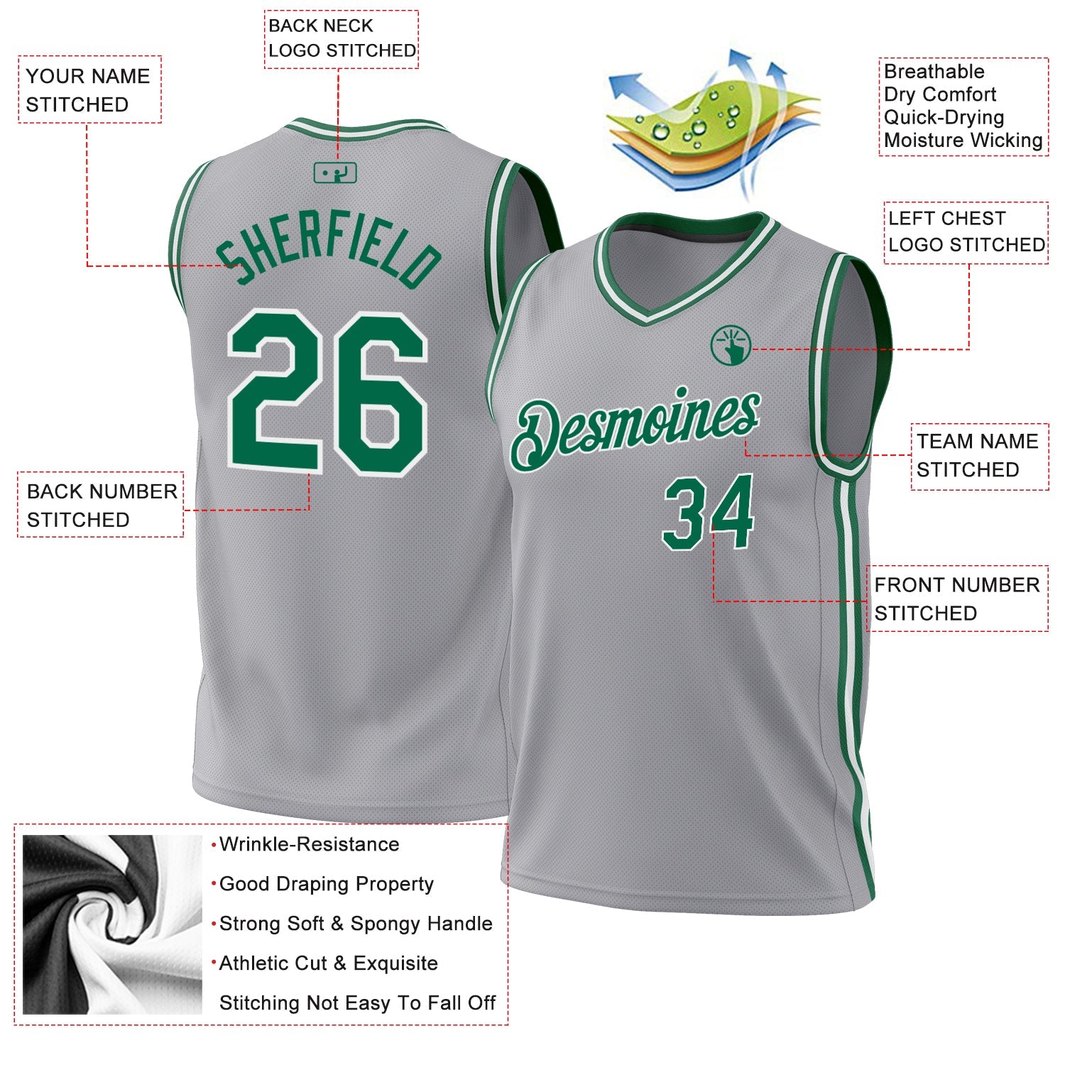 Custom Gray Kelly Green-White Authentic Throwback Basketball Jersey - Sky-Custom