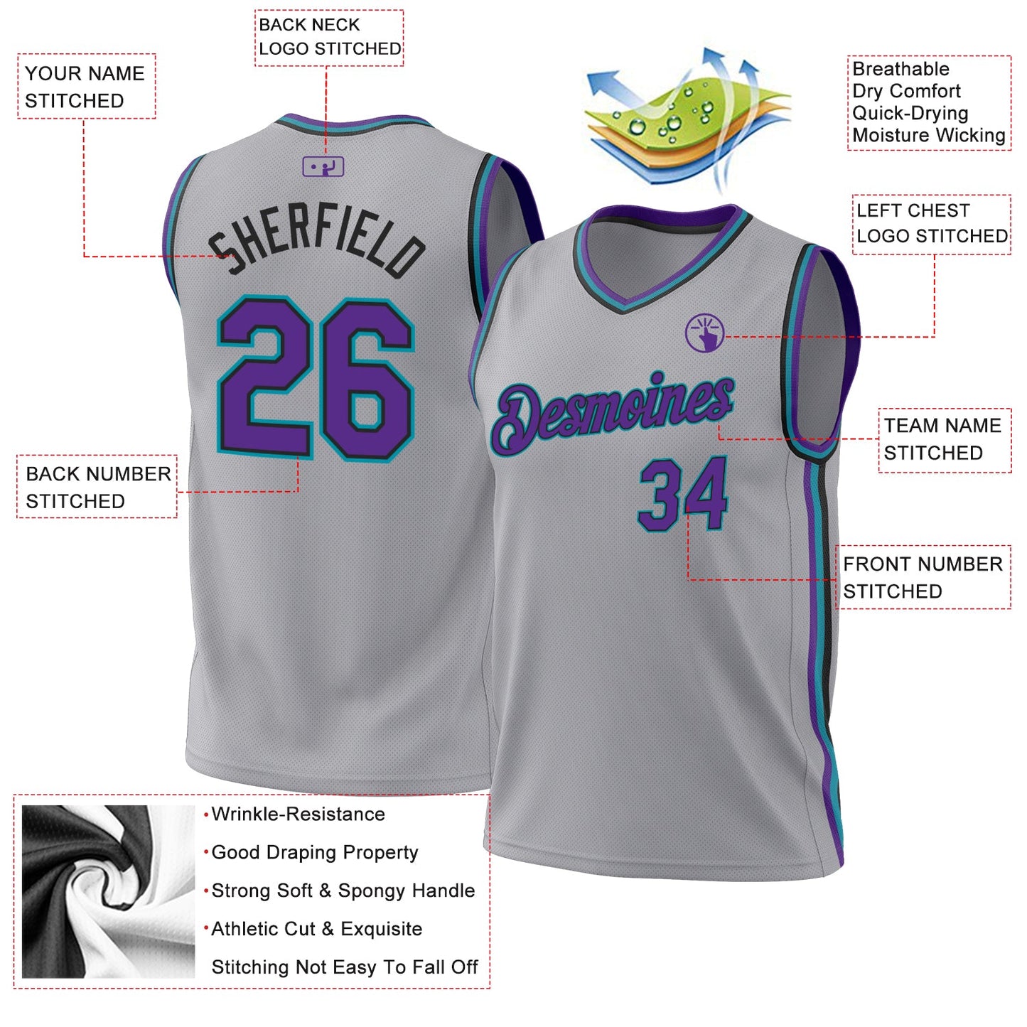 Custom Gray Purple Black-Teal Authentic Throwback Basketball Jersey - Sky-Custom