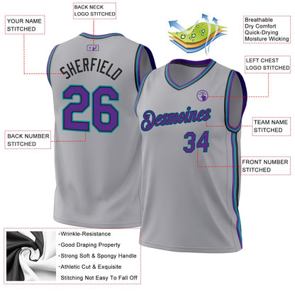 Custom Gray Purple Black-Teal Authentic Throwback Basketball Jersey - Sky-Custom