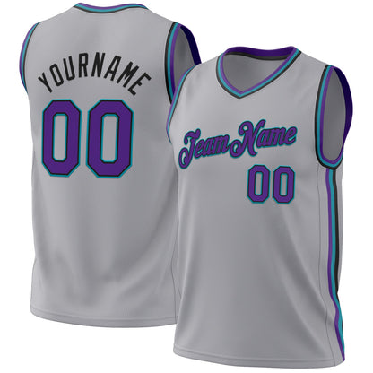 Custom Gray Purple Black-Teal Authentic Throwback Basketball Jersey - Sky-Custom