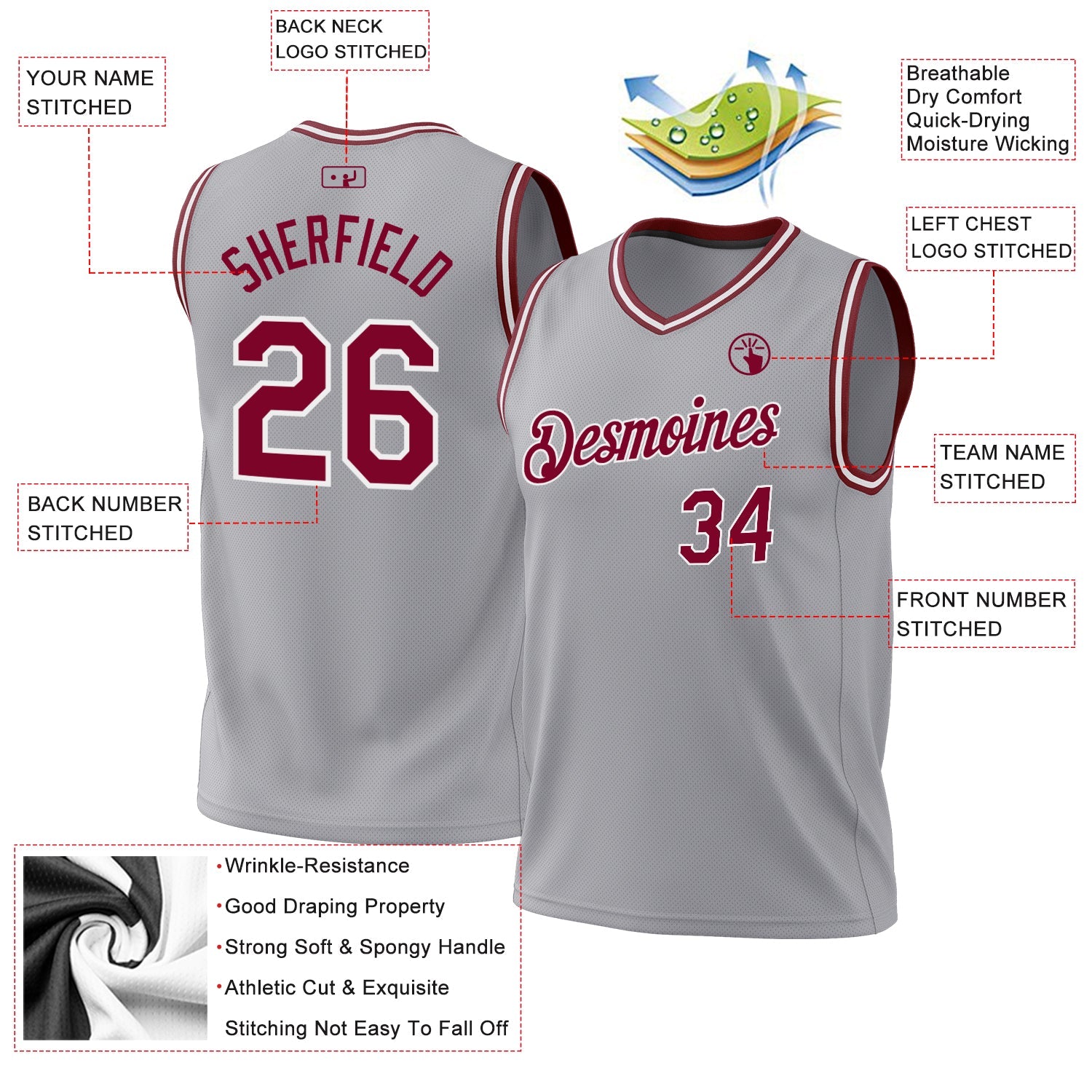 Custom Gray Maroon-White Authentic Throwback Basketball Jersey - Sky-Custom