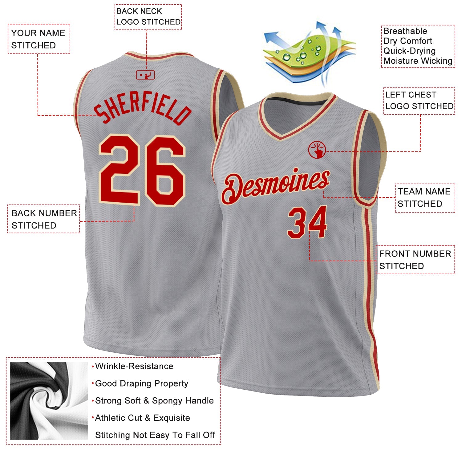 Custom Gray Red-Cream Authentic Throwback Basketball Jersey - Sky-Custom