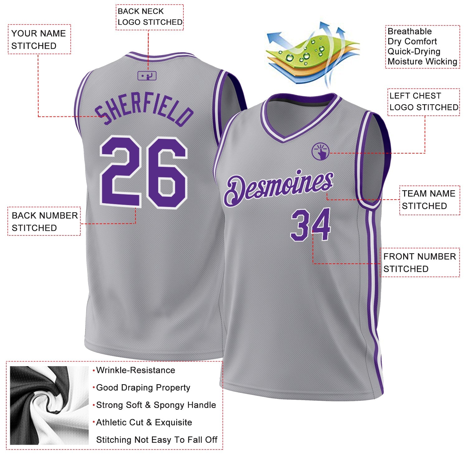 Custom Gray Purple-White Authentic Throwback Basketball Jersey - Sky-Custom