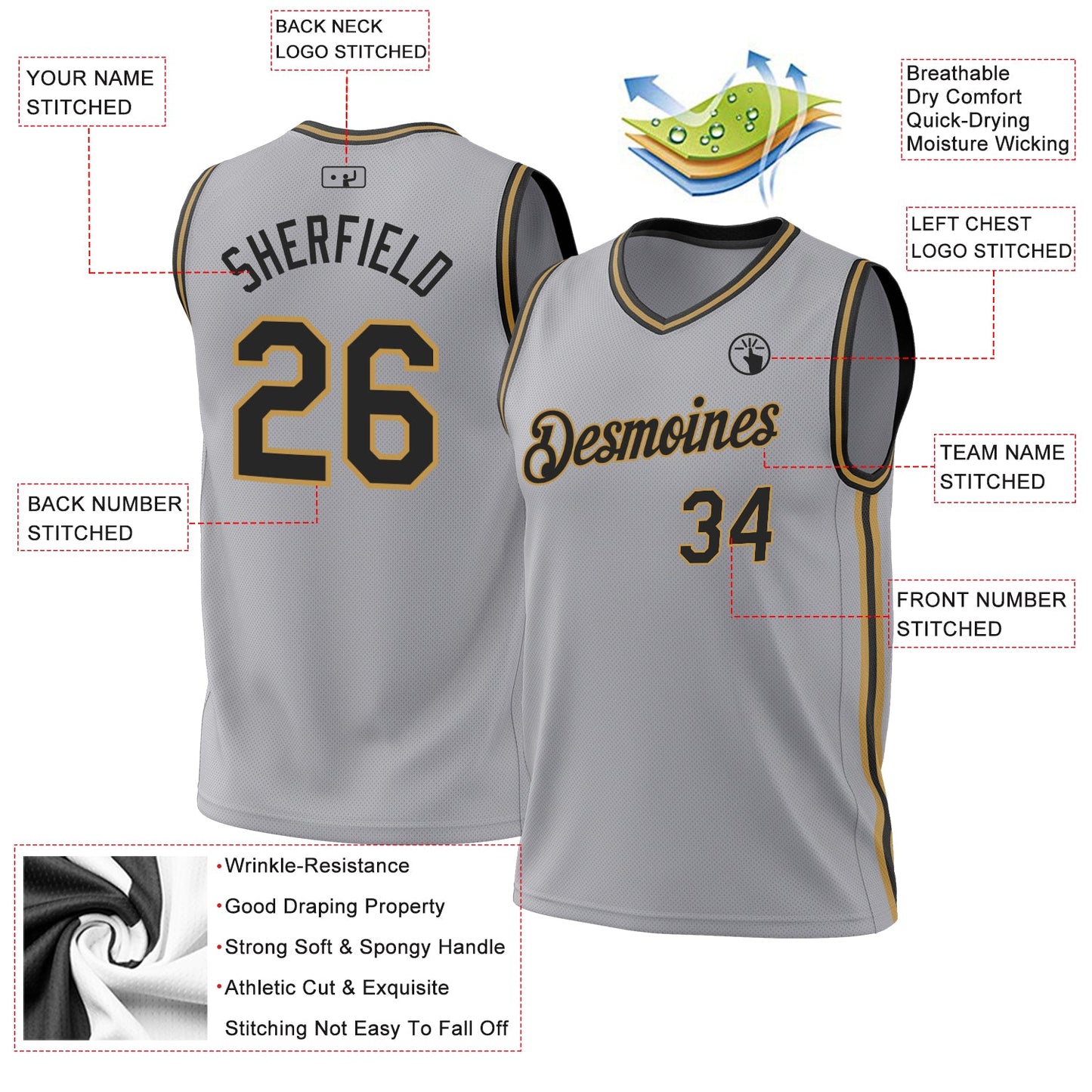 Custom Gray Black-Old Gold Authentic Throwback Basketball Jersey - Sky-Custom