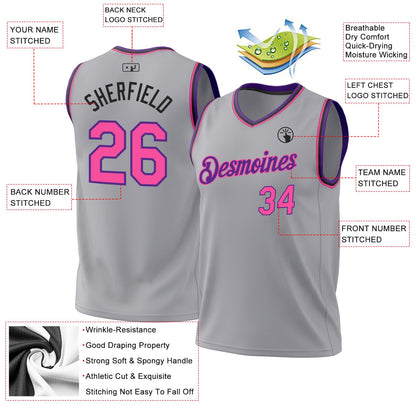 Custom Gray Pink Purple-Black Authentic Throwback Basketball Jersey - Sky-Custom