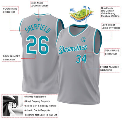 Custom Gray Teal-White Authentic Throwback Basketball Jersey - Sky-Custom