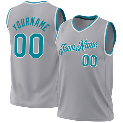 Custom Gray Teal-White Authentic Throwback Basketball Jersey - Sky-Custom