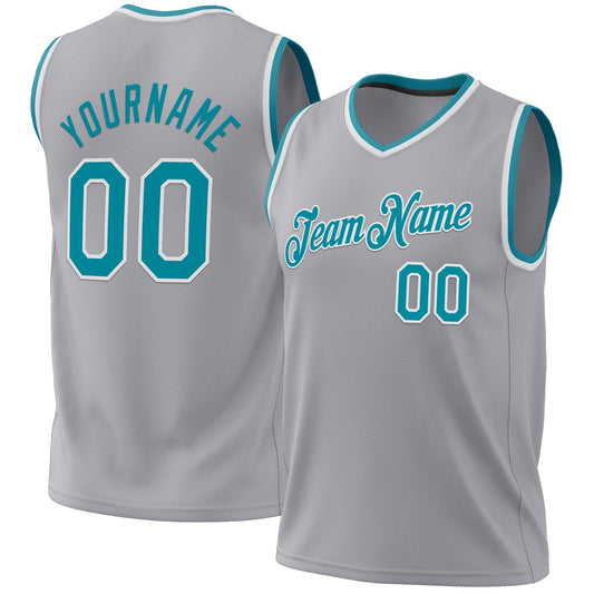 Custom Gray Teal-White Authentic Throwback Basketball Jersey - Sky-Custom