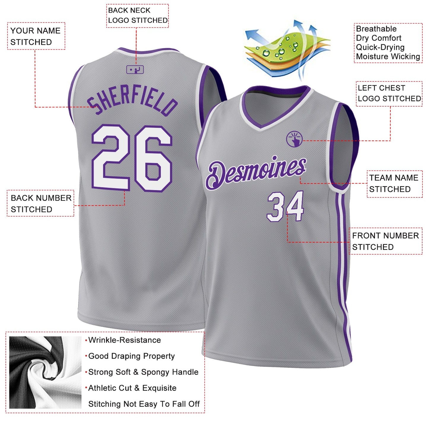 Custom Gray White-Purple Authentic Throwback Basketball Jersey - Sky-Custom