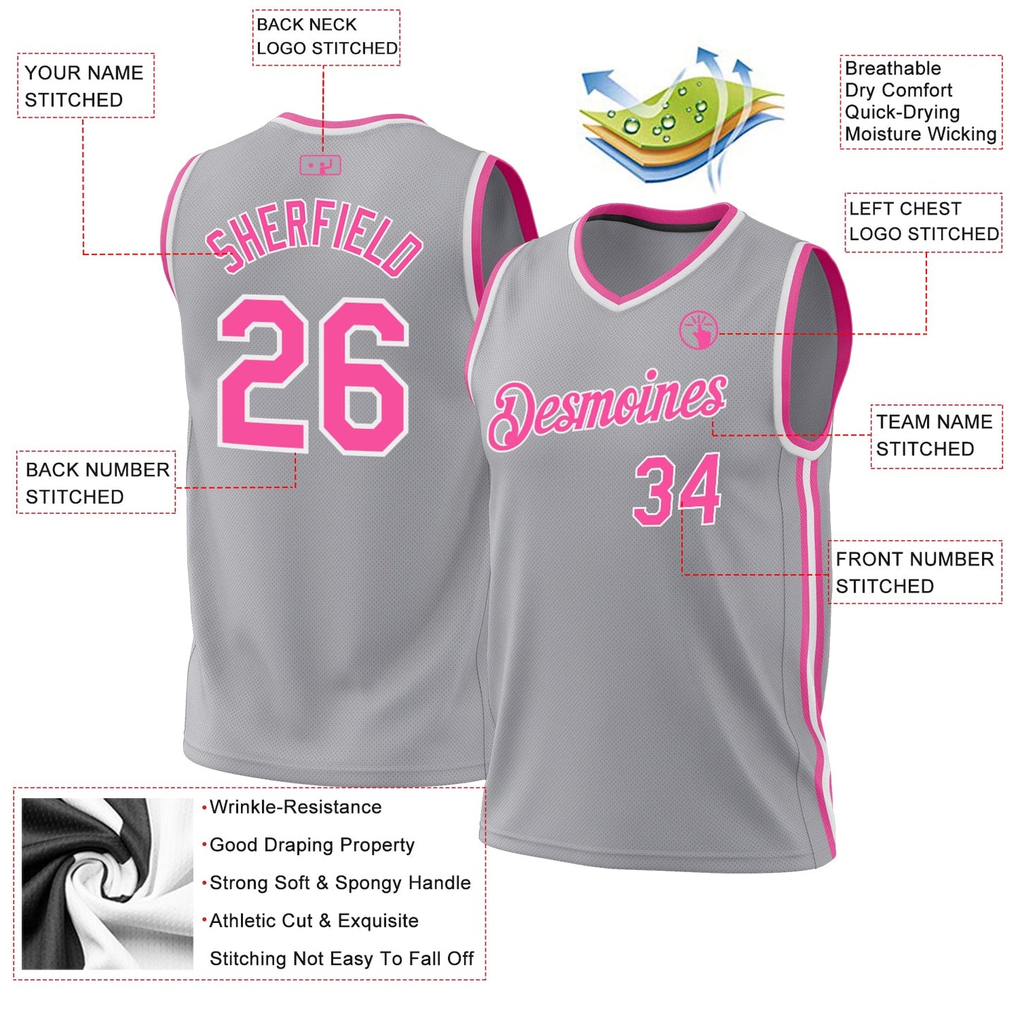 Custom Gray Pink-White Authentic Throwback Basketball Jersey - Sky-Custom