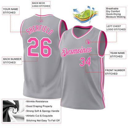 Custom Gray Pink-White Authentic Throwback Basketball Jersey - Sky-Custom