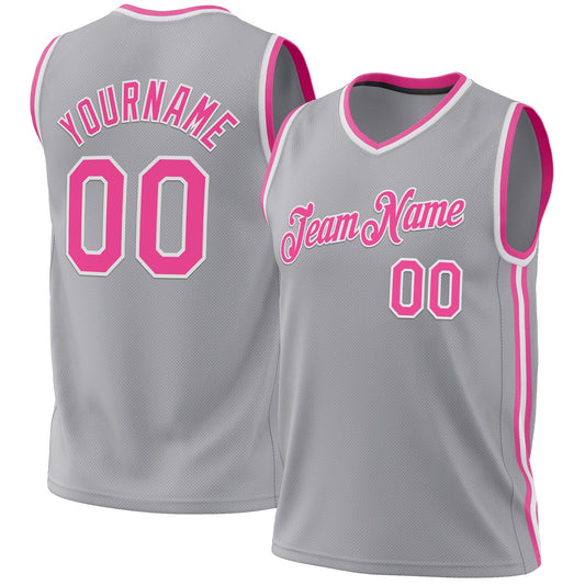 Custom Gray Pink-White Authentic Throwback Basketball Jersey - Sky-Custom