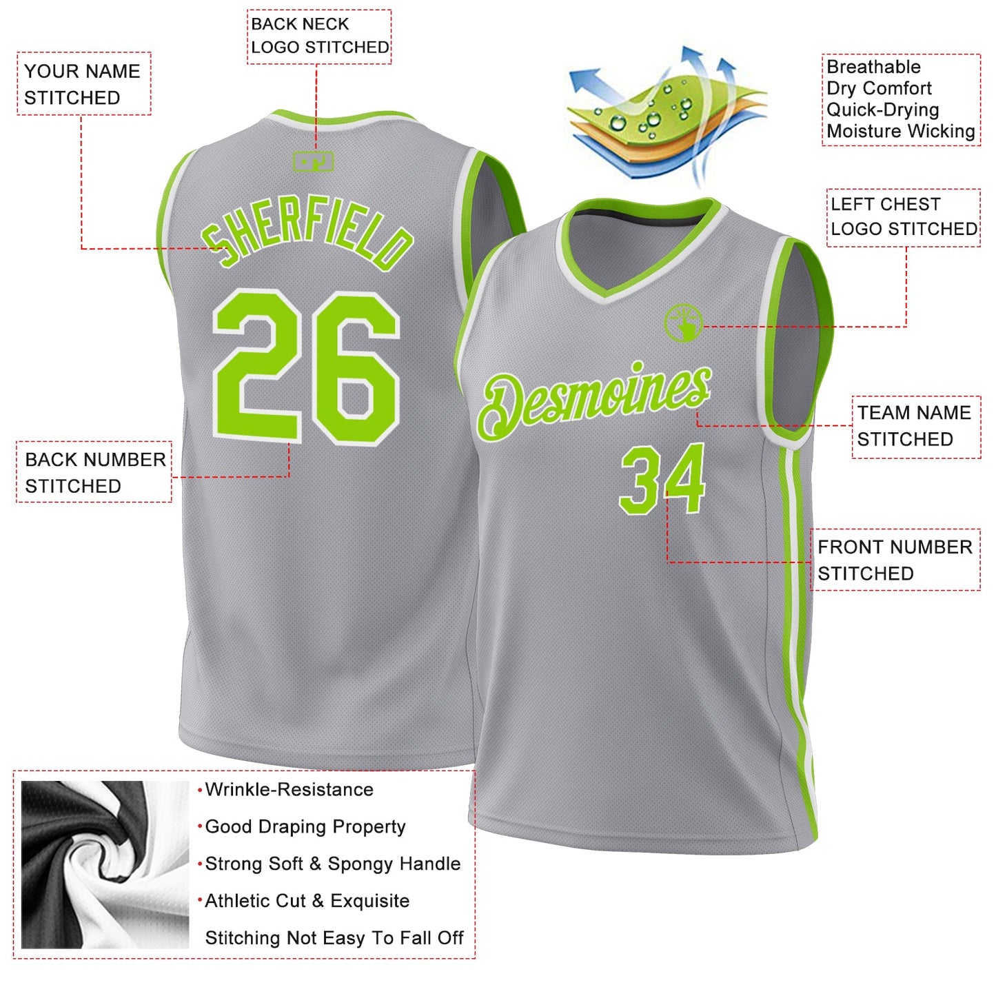 Custom Gray Neon Green-White Authentic Throwback Basketball Jersey - Sky-Custom