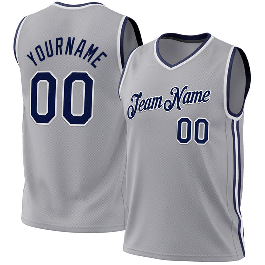 Custom Gray Navy-White Authentic Throwback Basketball Jersey - Sky-Custom