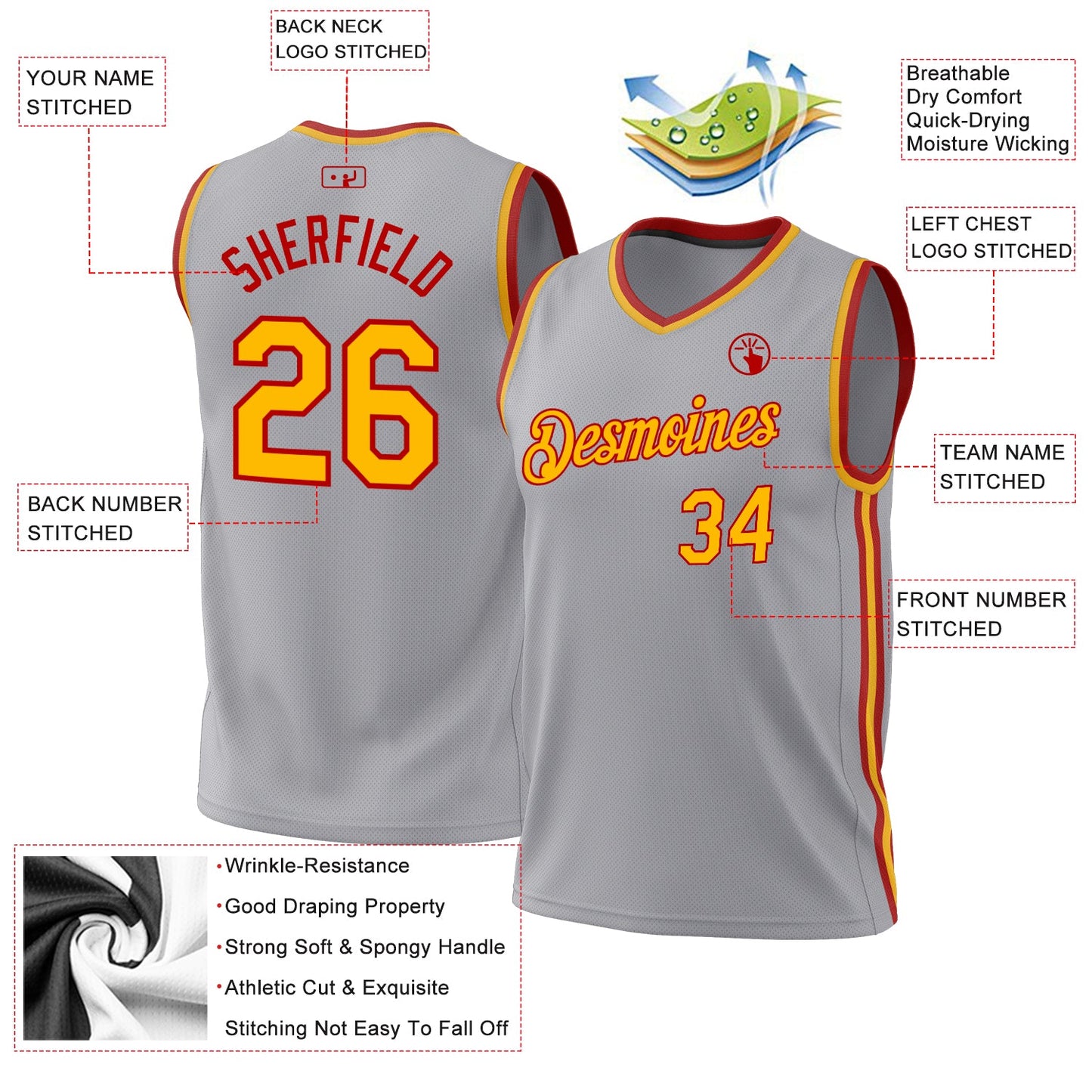 Custom Gray Gold-Red Authentic Throwback Basketball Jersey - Sky-Custom