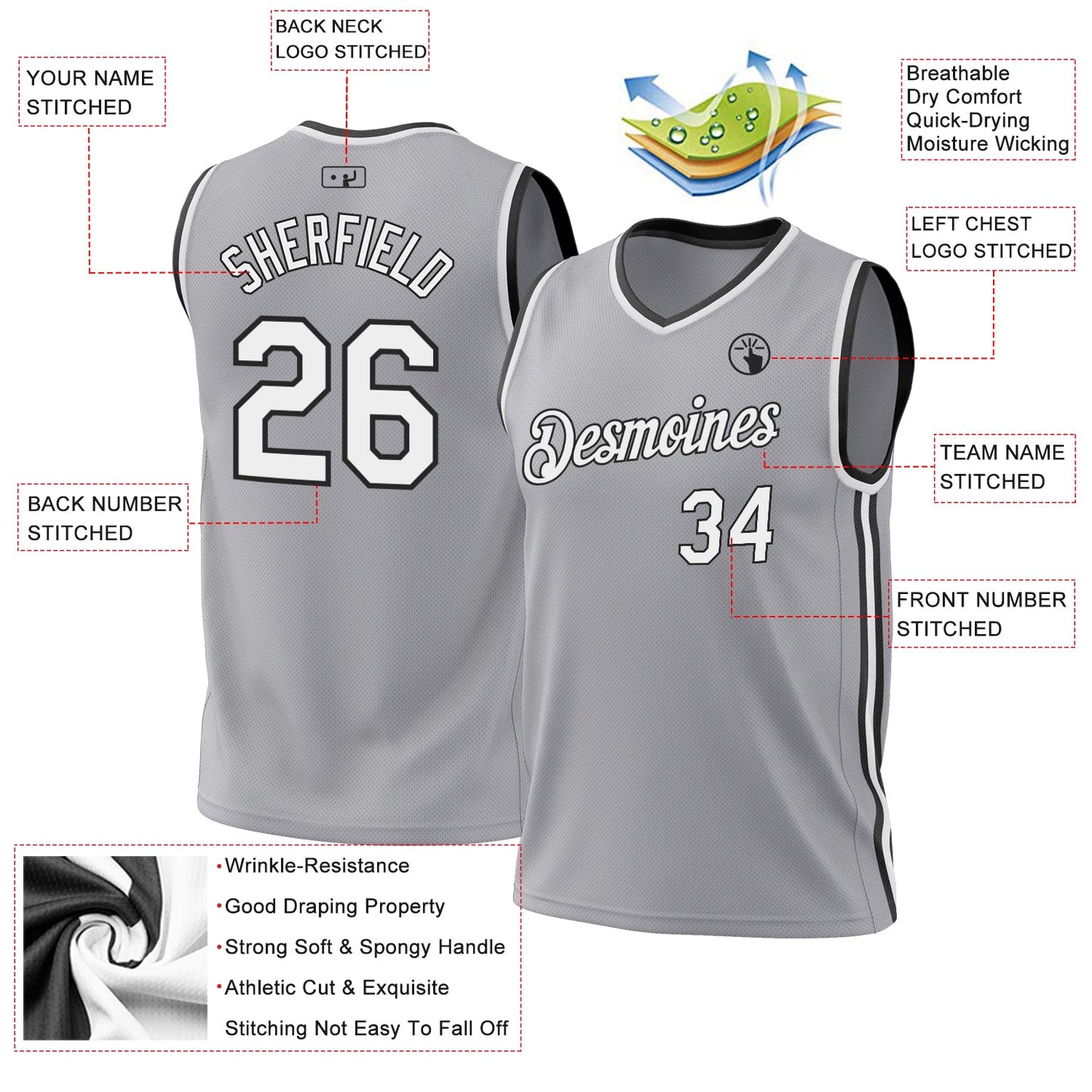 Custom Gray White-Black Authentic Throwback Basketball Jersey - Sky-Custom