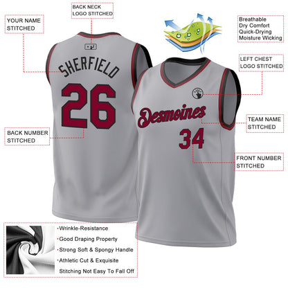 Custom Gray Maroon-Black Authentic Throwback Basketball Jersey - Sky-Custom