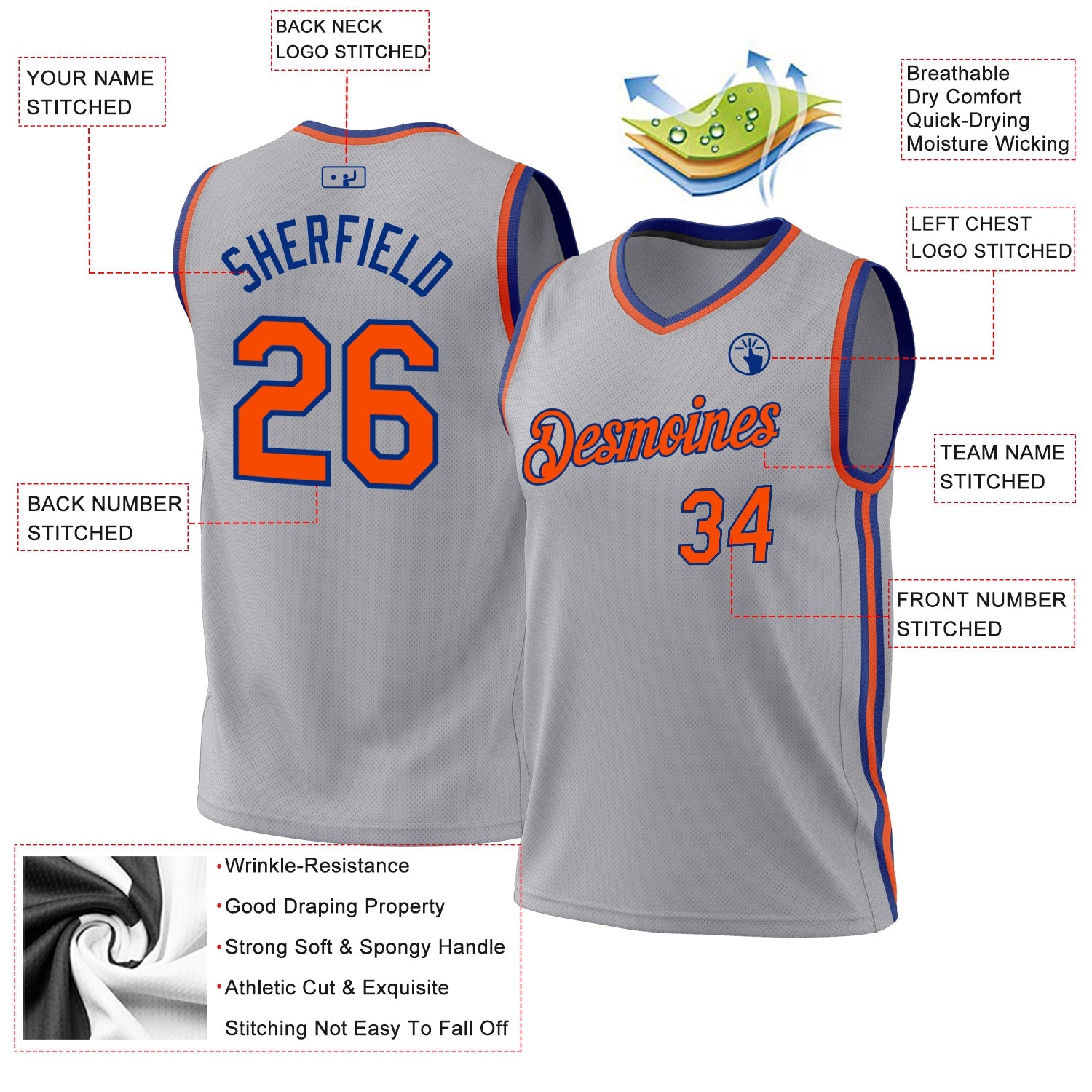 Custom Gray Orange-Royal Authentic Throwback Basketball Jersey - Sky-Custom