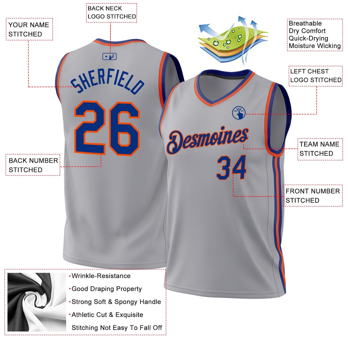 Custom Gray Royal-Orange Authentic Throwback Basketball Jersey - Sky-Custom