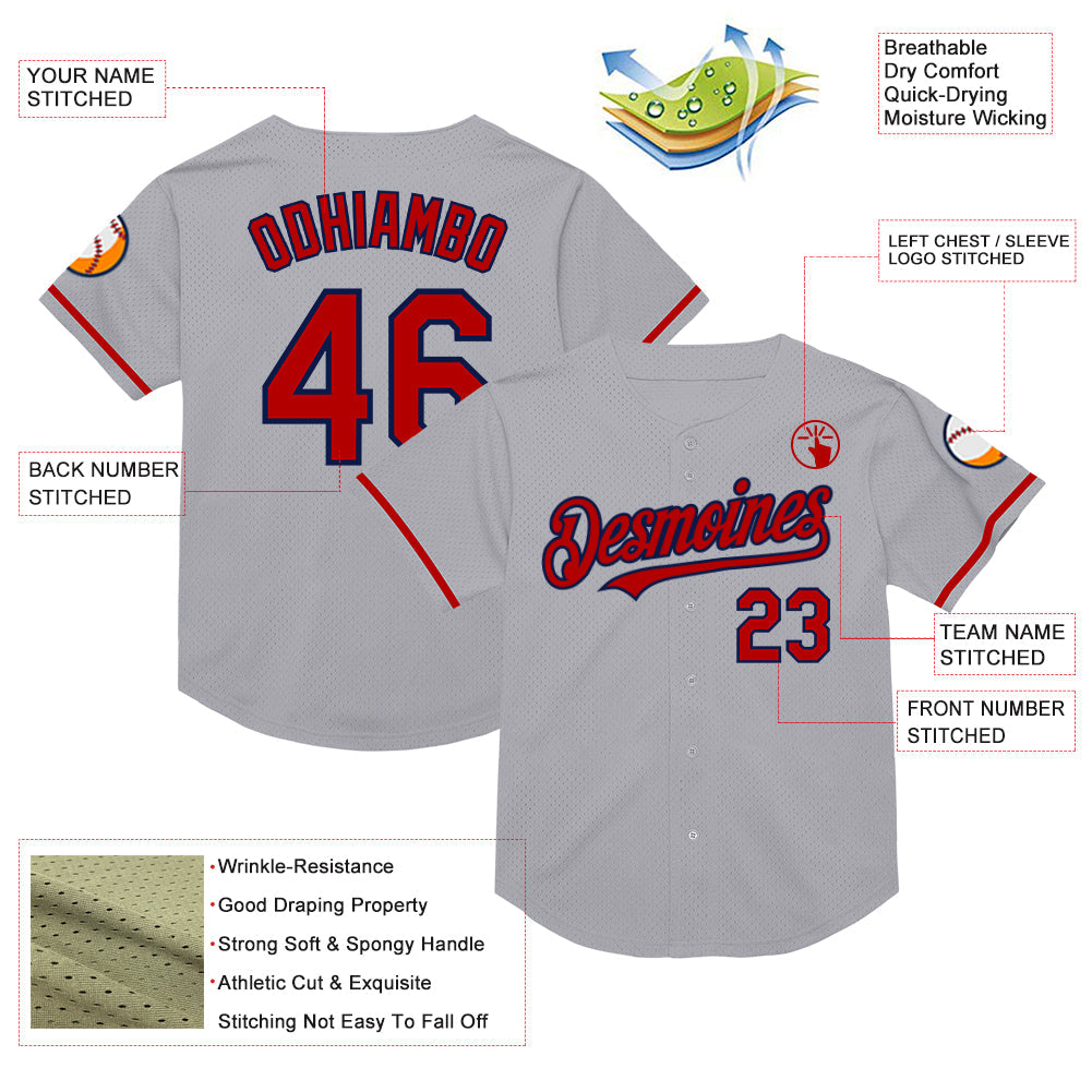 Custom Gray Red-Navy Mesh Authentic Throwback Baseball Jersey - Sky-Custom
