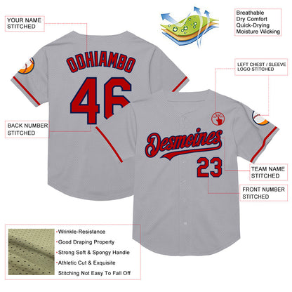 Custom Gray Red-Navy Mesh Authentic Throwback Baseball Jersey - Sky-Custom