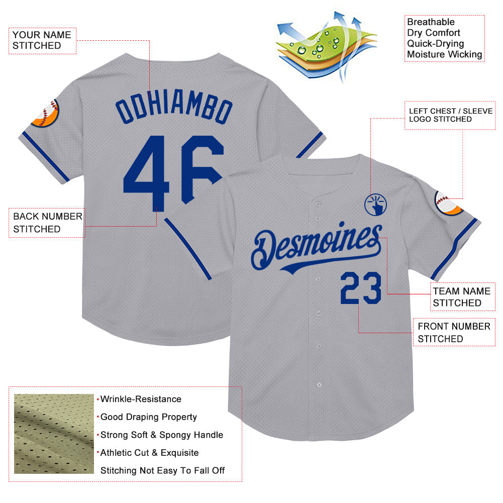 Custom Gray Royal Mesh Authentic Throwback Baseball Jersey - Sky-Custom