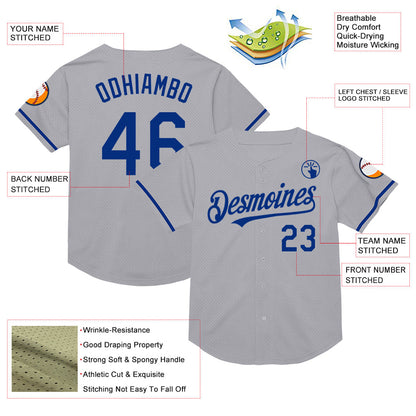 Custom Gray Royal Mesh Authentic Throwback Baseball Jersey - Sky-Custom