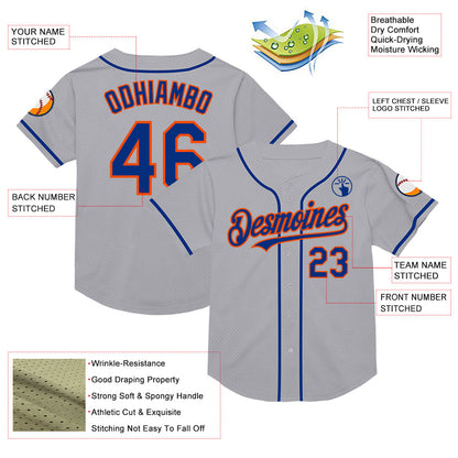 Custom Gray Royal-Orange Mesh Authentic Throwback Baseball Jersey - Sky-Custom