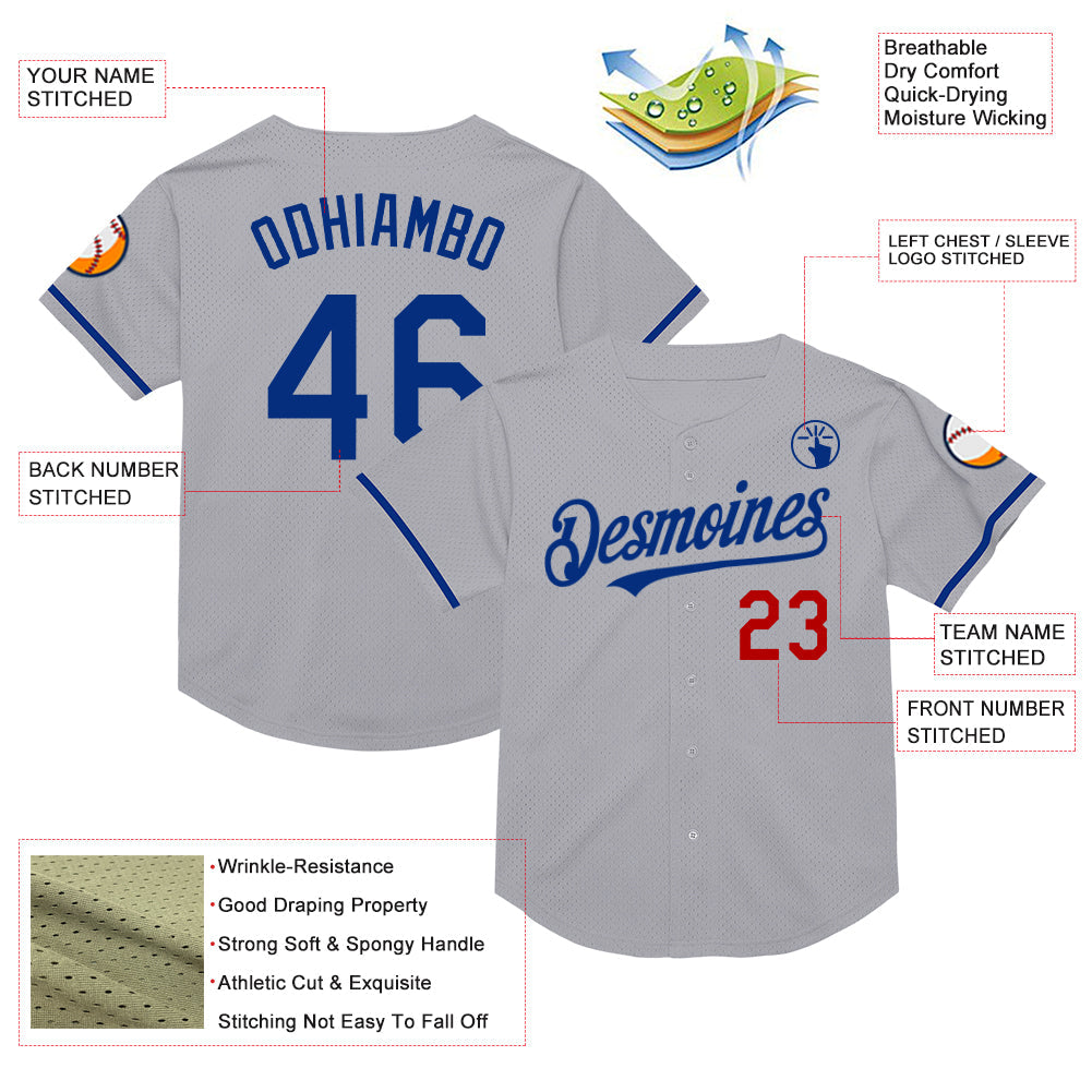 Custom Gray Royal-Red Mesh Authentic Throwback Baseball Jersey - Sky-Custom