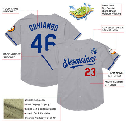 Custom Gray Royal-Red Mesh Authentic Throwback Baseball Jersey - Sky-Custom