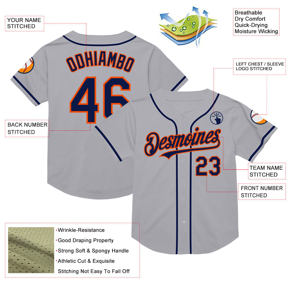 Custom Gray Navy-Orange Mesh Authentic Throwback Baseball Jersey - Sky-Custom