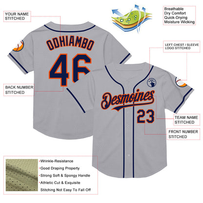 Custom Gray Navy-Orange Mesh Authentic Throwback Baseball Jersey - Sky-Custom