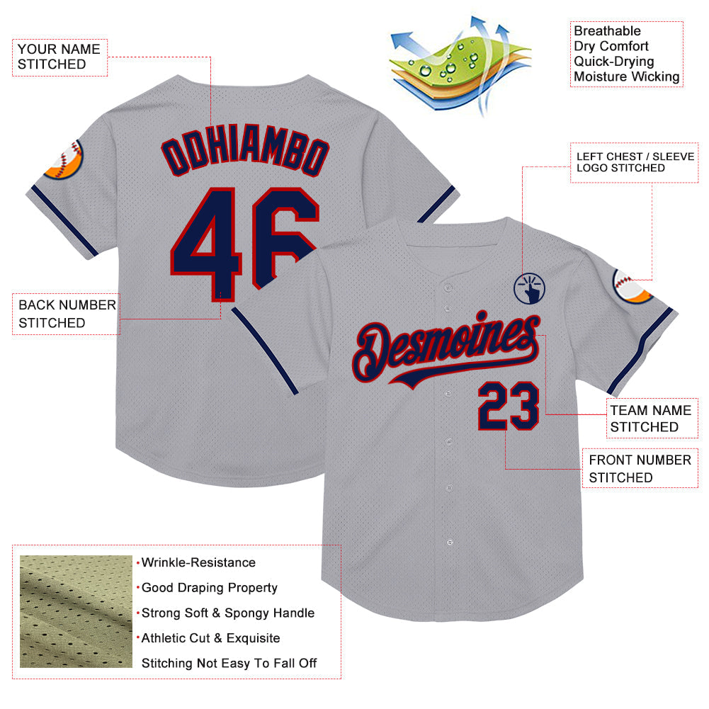 Custom Gray Navy-Red Mesh Authentic Throwback Baseball Jersey - Sky-Custom