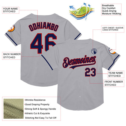 Custom Gray Navy-Red Mesh Authentic Throwback Baseball Jersey - Sky-Custom