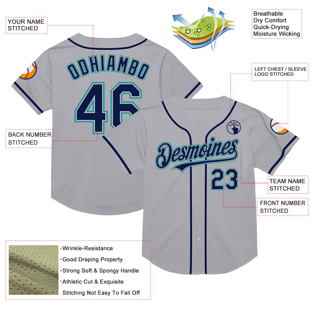 Custom Gray Navy-Teal Mesh Authentic Throwback Baseball Jersey - Sky-Custom
