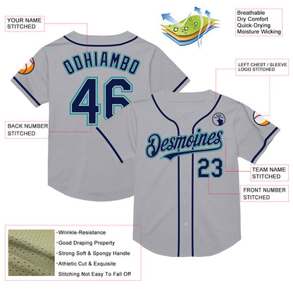 Custom Gray Navy-Teal Mesh Authentic Throwback Baseball Jersey - Sky-Custom