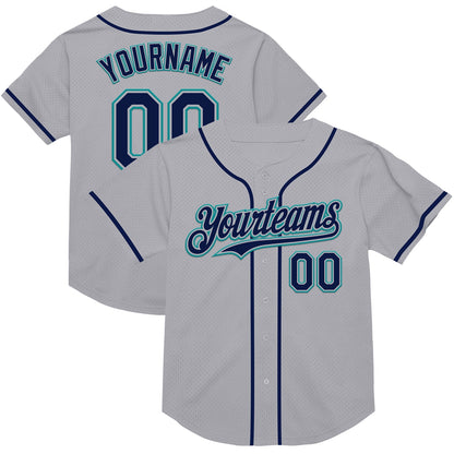 Custom Gray Navy-Teal Mesh Authentic Throwback Baseball Jersey - Sky-Custom