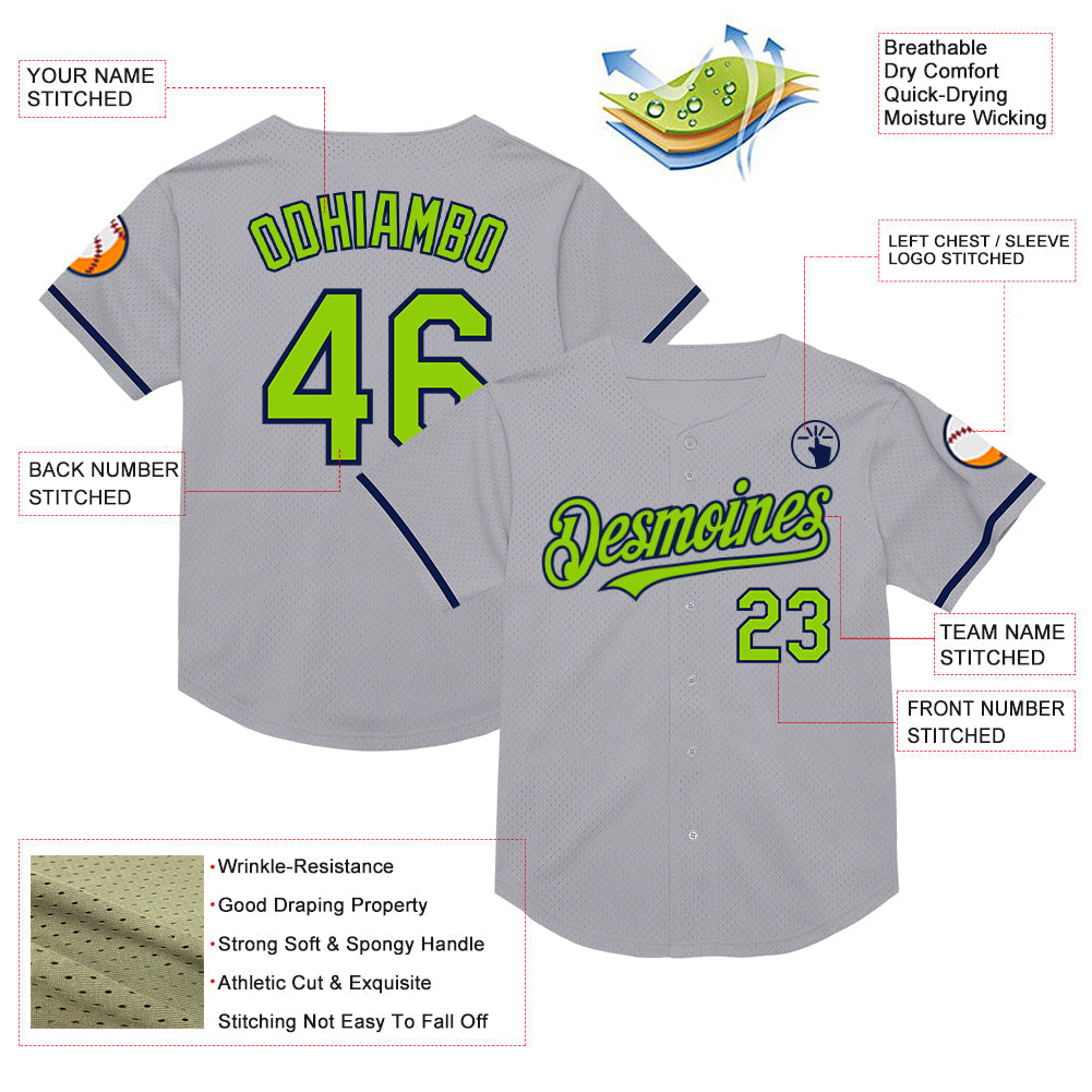 Custom Gray Neon Green-Navy Mesh Authentic Throwback Baseball Jersey - Sky-Custom