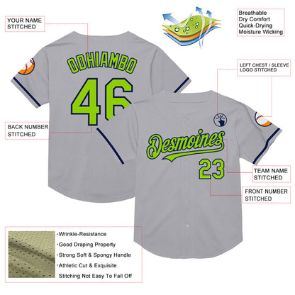 Custom Gray Neon Green-Navy Mesh Authentic Throwback Baseball Jersey - Sky-Custom