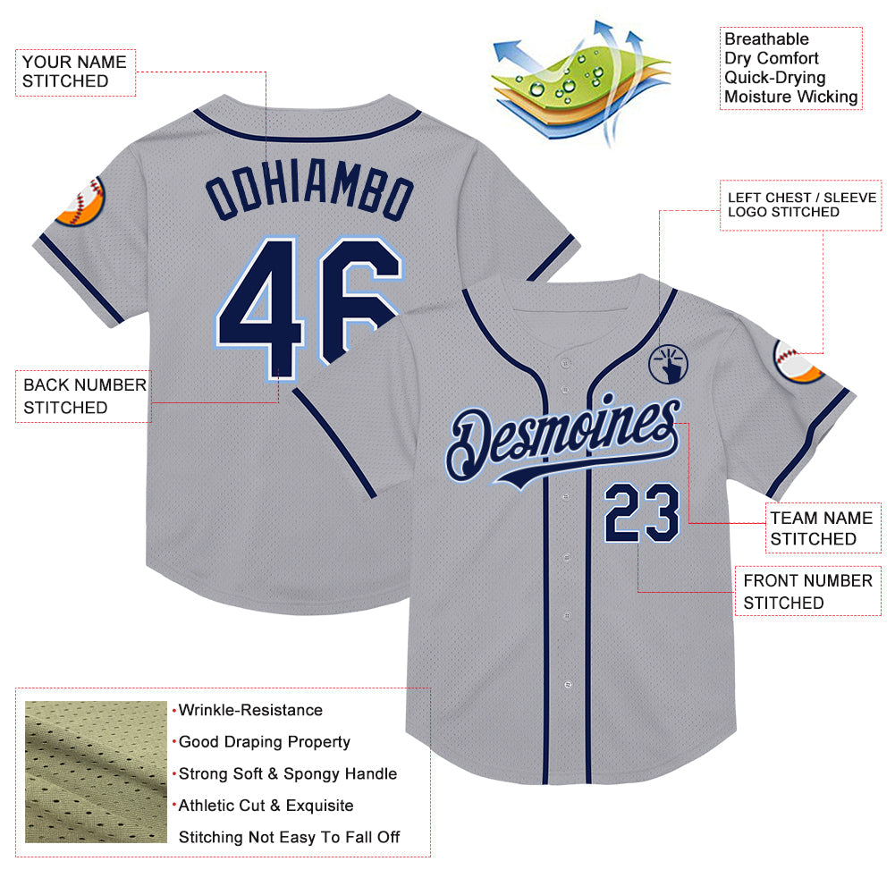 Custom Gray Navy-Light Blue Mesh Authentic Throwback Baseball Jersey - Sky-Custom