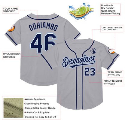 Custom Gray Navy-Light Blue Mesh Authentic Throwback Baseball Jersey - Sky-Custom