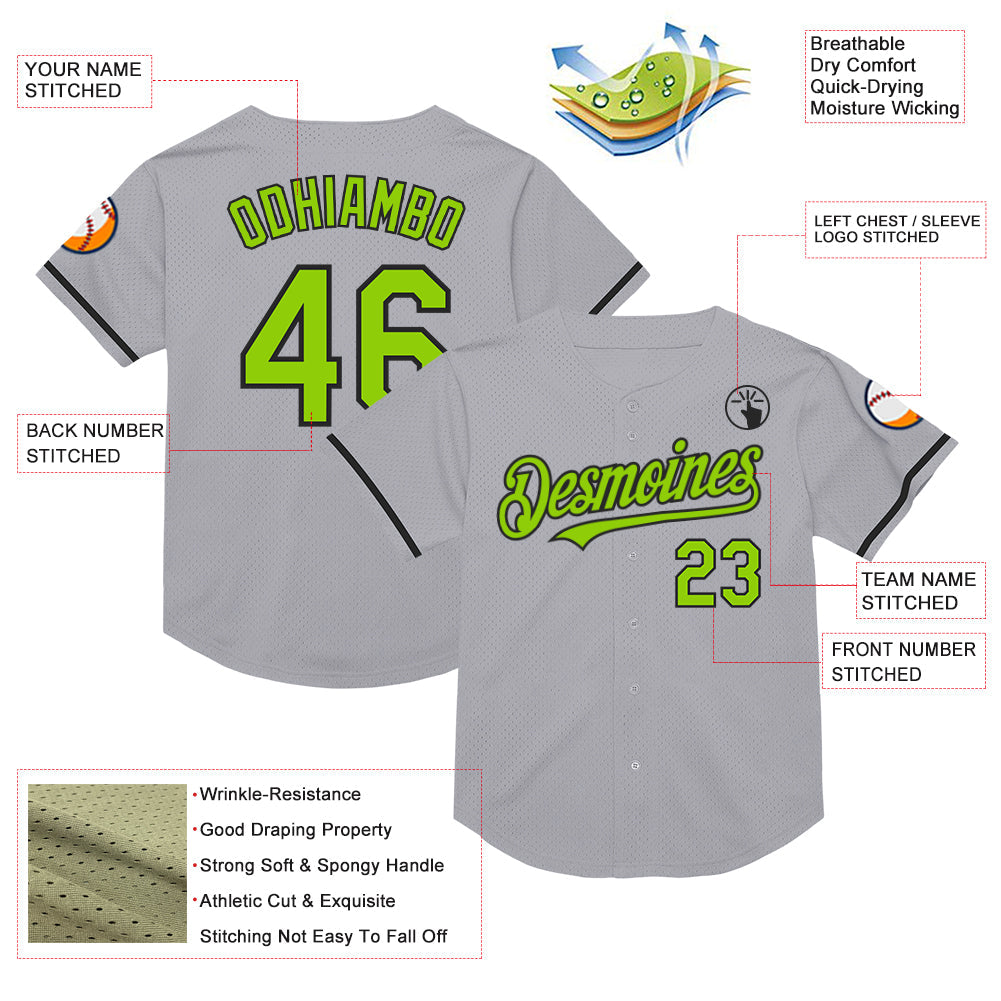 Custom Gray Neon Green-Black Mesh Authentic Throwback Baseball Jersey - Sky-Custom