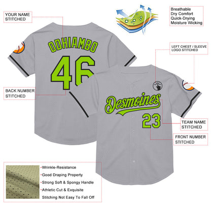 Custom Gray Neon Green-Black Mesh Authentic Throwback Baseball Jersey - Sky-Custom